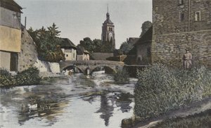 Arbois, kerk en brug over de Cuisance