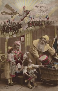 Kerstman geeft cadeautjes aan kinderen, met Eerste Wereldoorlog gevecht op de achtergrond door French Photographer