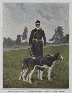 Hond en jager in de livrei van de jacht van Vicomte Gaetan de Chezelles, Frankrijk (kleurenfoto)