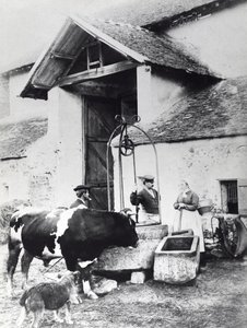 Boeren rond een put, op een boerenerf, ca. 1860-70 door French Photographer