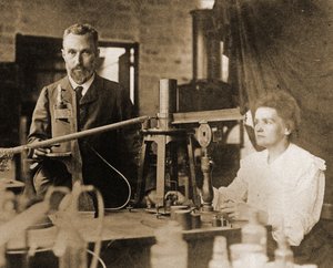 Pierre en Marie Curie in het laboratorium