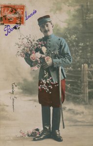 Soldaat met een bos bloemen, nieuwjaarskaart door French Photographer