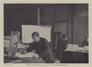 Teken- en naaiwerkplaats in de Beauvais Tapestry Manufacture, Frankrijk