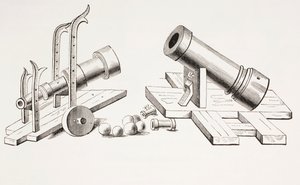 15e-eeuwse kanonnen, met vaste affuit (rechts) en rollende affuit (links) uit Les Arts au Moyen Age, gepubliceerd 1873