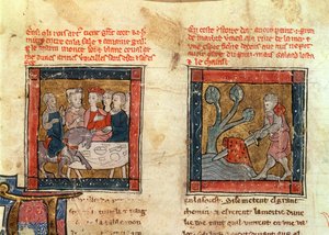 Galahad komt naar Arthur en Galahad trekt het zwaard uit de drijvende steen in de rivier bij Camelot, ca.1250-80 door French School