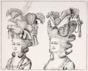 18e-eeuwse Franse meisjes met extravagante kapsels en hoeden, 1875