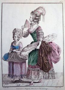 18e-eeuwse mode: een elegante ontwerpster levert haar werk af, een onderrok versierd met walvisbaleinen gebruikt om de jurk van vrouwen te ondersteunen. Gravure uit 1778 Parijs, decoratieve kunsten door French School