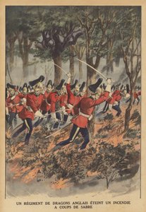 Een Brits regiment dragonders gebruikt hun zwaarden om een brand te blussen
