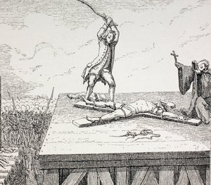 Een crimineel ter dood veroordeeld op een Sint-Andreaskruis in de 18e eeuw in Frankrijk, 1875 door French School
