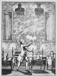 Een demonstratie van goochelen uit La magie Blanche devoilee door Decremps, 1659, geïllustreerd in een Geschiedenis van de Magie, gepubliceerd eind 19e eeuw