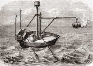 Een Griekse brander, naar een tekening in een 13e-eeuws Latijns manuscript, uit Les Merveilles de la Science, gepubliceerd ca. 1870