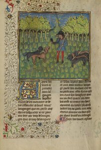 Een jager die honden traint om te reageren op het geluid van een hoorn, c.1430-40 door French School