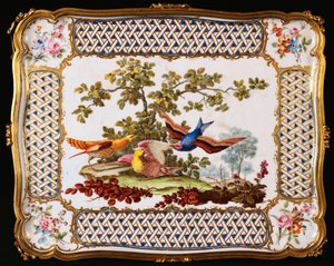 Een Louis XV Sevres dienblad versierd met drie exotische vogels in een landschap, vormend de bovenkant van een koffietafel, 1761