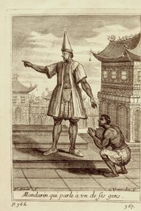 Een Mandarijn man die met een van zijn mensen praat, uit Voyage du Siam des Peres Jesuites door Guy Tachard, 1688