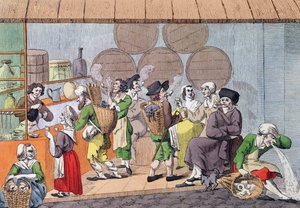 Een bijeenkomst van kunstenaars, modderkrabbers en voddenhandelaren, karikatuur van een populair café in het Palais Royal in Parijs, c.1800 door French School