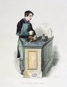 Een farmaciestudent die medicijnen bereidt, illustratie uit Les Francais peints par eux-memes, Editions L. Curmer, 1841 (kleurgravure) door French School