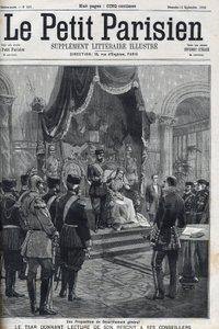 Een voorstel voor algemene ontwapening (gedaan aan de Europese mogendheden) - Tsaar Nicolaas II (1868-1918) leest zijn rescript voor aan zijn adviseurs. Le Petit Parisien door French School