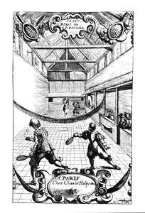 Een koninklijk tennisspel in de Jeu de Paume, Versailles, uitgegeven door Charles Hulpeau