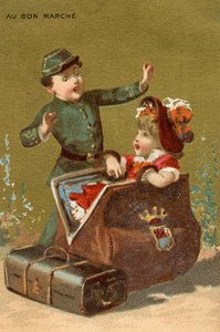 Een verrassing in de bagage, uit een serie illustraties van kinderen, geproduceerd als promotiekaarten voor het Bon Marché warenhuis in Parijs, c.1890 door French School