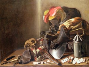 Een Vanitas Stilleven met een Schedel, Speelkaarten en Wapenrusting, ca. 1650