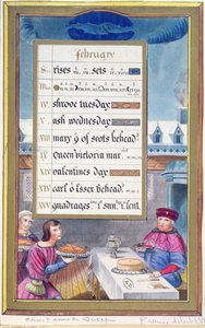 Een Victoriaans kalendersheet voor februari met een illustratie uit het Getijdenboek van Anne de Bretagne (1488-1514)