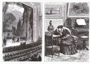 Een vrouw die thuis naar een operavoorstelling luistert via de Ader-Bell telefoon en Aders arrangement voor muziektransmissie, uit Les Nouvelles Conquetes de la Science door Louis Figuier door French School