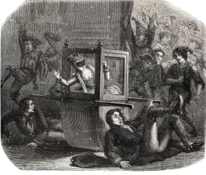 Een groep grappenmakers houdt Marie-Therese Le Vasseur, verkleed voor het Carnaval, tegen in haar rolstoel. Ze is het slachtoffer van de wraak van een van haar voormalige geliefden. Gravure uit 1871 in "Histoire Des Cocus Celebres" door French School