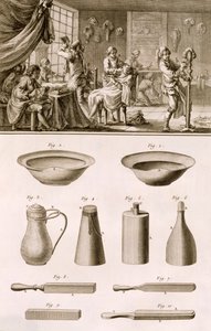 Een kapperszaak en kappersgereedschap, uit de Encyclopedie des Sciences et Metiers door Denis Diderot, gepubliceerd ca. 1770 door French School