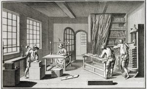 Een boekbinderswerkplaats, uit de Encyclopedie des Sciences et Metiers door Denis Diderot (1713-84) gepubliceerd ca. 1770 door French School