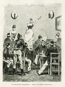 Een cafézang in Bourg Leopold. Gravure door A.Hubert ter illustratie van het verhaal La Belgique, door Camille Lemonnier, in le tour du monde 1886, onder leiding van Edouard Charton, Hachette, Parijs.