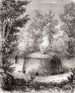 Een houtskooloven in het bos, naar een 19e-eeuwse tekening, uit Les Merveilles de la Science, gepubliceerd ca. 1870