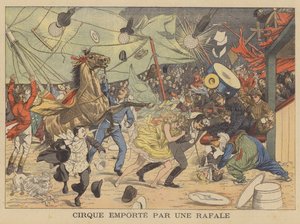 Een circustent meegesleurd door een windvlaag (kleurenlitho)
