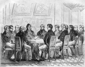 Een conciliabel van afgevaardigden van de bourgeoisie in het Palais Royal in Parijs onder Charles X en de Restauratie. Gravure in 