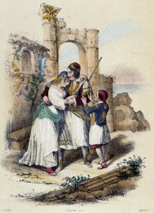 Een familie omringd door ruïnes; illustratie voor Griekenland, -in 