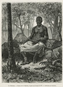 Een feticheur, tovenaar die de magische kracht van fetiches kan gebruiken, tekening door D. Maillart, ter illustratie van het verhaal van een reis naar Gabon en de Ogoue-rivier, in 1875-1877, door Alfred Marche. Gravure in Le tour du monde
