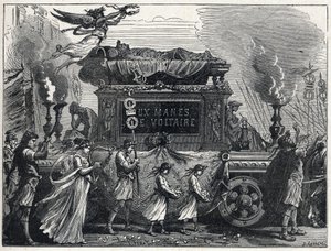 Een rouwtank die het lichaam van Voltaire draagt