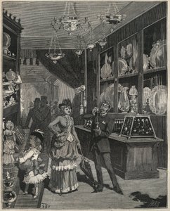 Een goudwinkel in Frankrijk in de 19e eeuw. Gravure uit 1885 in 