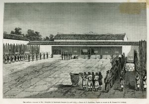 Een hoorzitting bij het hof van Hue (Vietnam), ontvangst van de Franse ambassade, 14 april