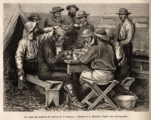 Een maaltijd van de dienstmannen van de missie van 1872, op de kampeerplaats, voor de eerste veldverkenning, gegraveerd naar de tekening van G. Massias, ter illustratie van een reeks geografische missies door het National Park van de Verenigde Staten, van  door French School