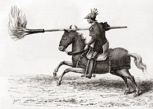 Een middeleeuwse ridder met een vuur lans, een van de eerste buskruitwapens ter wereld, uit Les Merveilles de la Science, gepubliceerd ca. 1870