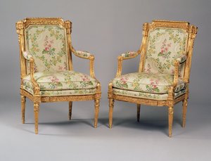 Een paar armstoelen uit een suite van Louis XVI meubels, gestempeld door Delaisement, c.1780 door French School