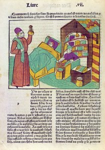 Een patiënt met een dokter en een apotheker, uit Le Livre des Proprietes des Choses door Barthelemy l