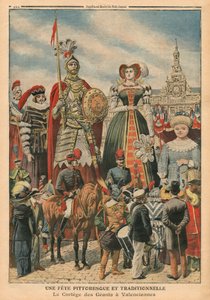 Een schilderachtig en traditioneel feest, de processie van de Reuzen in Valenciennes, illustratie uit 