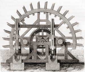 Een kruitmolen en zijn waterrad, naar een 19e-eeuwse tekening, uit Les Merveilles de la Science, gepubliceerd ca. 1870 door French School