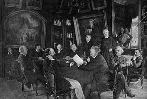 Een lezing in de Comédie-Française: Alexandre Dumas zoon leest een van zijn komedies voor aan de commissie. door French School