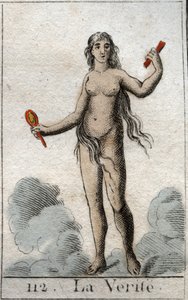 Voorstelling van de god van de Waarheid, een naakte jonge vrouw met een oprecht gezicht, ze houdt een spiegel vast. Uit 