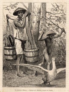 Een inwoner van Hatien (Vietnam) draagt emmers en een mand en een kind jaagt een gans met een stok, gravure naar een tekening van Robin, illustratie van de reis naar Cochinchine, door dokter Morice, in 1872, gepubliceerd in 