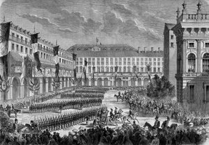 Een review van de troepen door de Italiaanse koning Victor Emmanuel II (Victor-Emmanuel) (Vittorio Emanuele) in Turijn op 7 juni