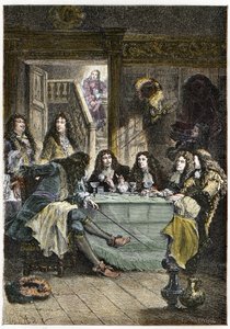 Een salon (cabaret) met Franse schrijvers Jean de La Fontaine (1621-1695), Nicolas Boileau-Despréaux (1636-1711), toneelschrijver Jean Baptiste Poquelin genaamd Molière (1622-1673), en dichter Jean Racine (1639-1699) - La Fontaine, Boileau door French School