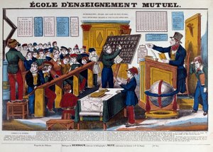 Een school van wederzijds onderwijs geïntroduceerd in Frankrijk rond 1815. Gravure uit de 19e eeuw Parijs, Musee Carnavalet door French School